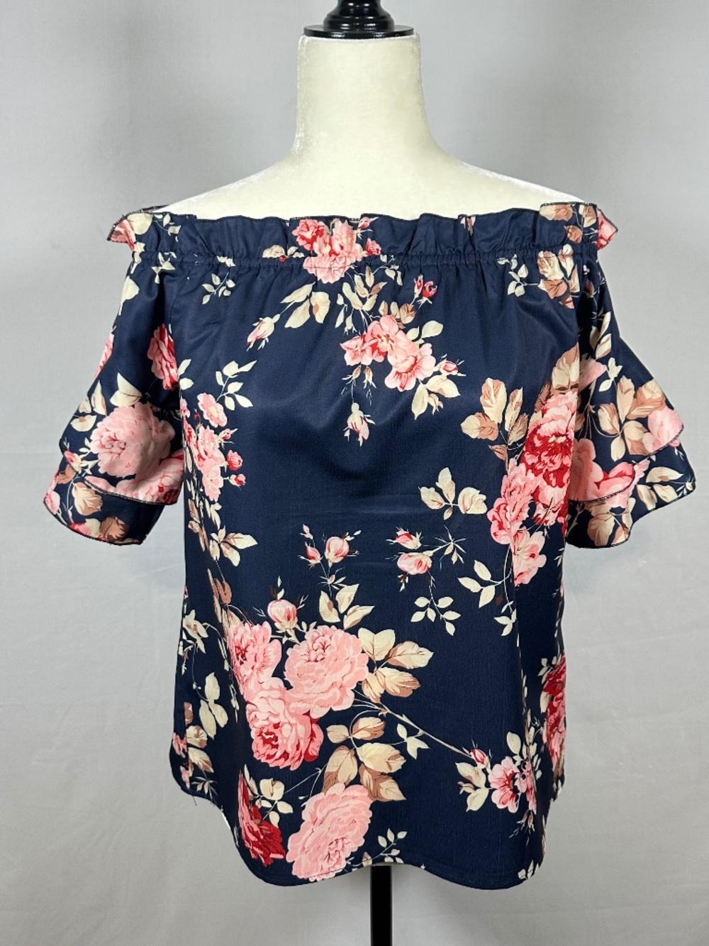 Blue Floral Off Shoulder Blouse Size Medium Ruffle Short Sleeves
